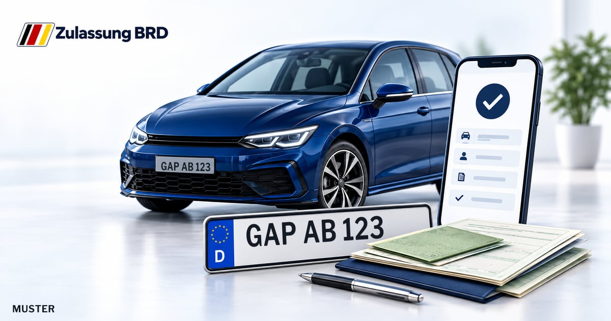 Online Fahrzeugzulassung in Garmisch-Partenkirchen: Musterkennzeichen GAP AB 123, Auto und Fahrzeugpapiere und Smartphone. Illustration mit Logo von Zulassung BRD.